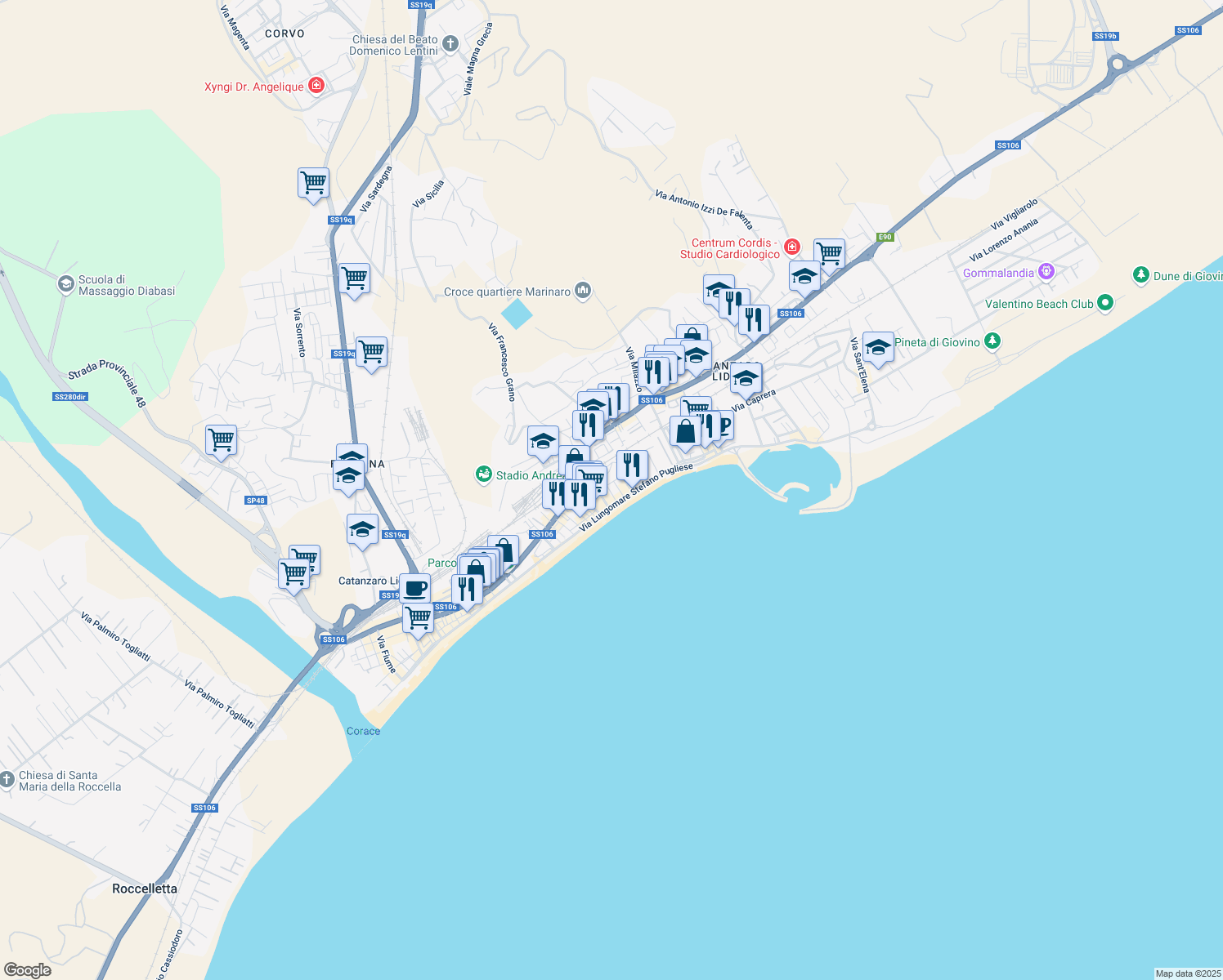 map of restaurants, bars, coffee shops, grocery stores, and more near 1 Via Thaon di Revel in Catanzaro