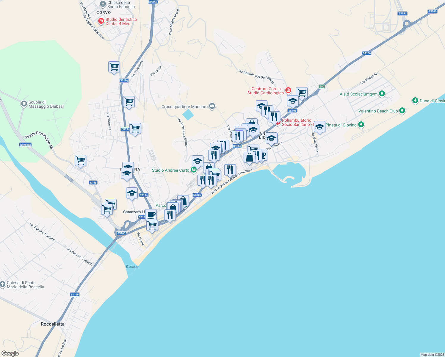 map of restaurants, bars, coffee shops, grocery stores, and more near 1 Via Thaon di Revel in Catanzaro