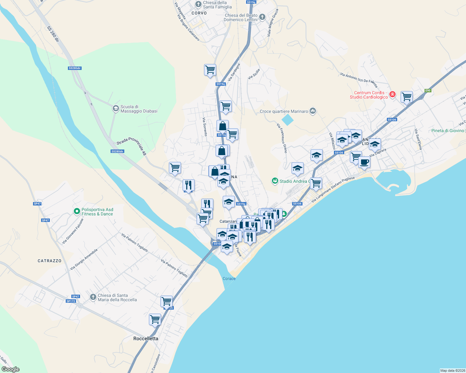 map of restaurants, bars, coffee shops, grocery stores, and more near 65 Via Nazionale in Catanzaro