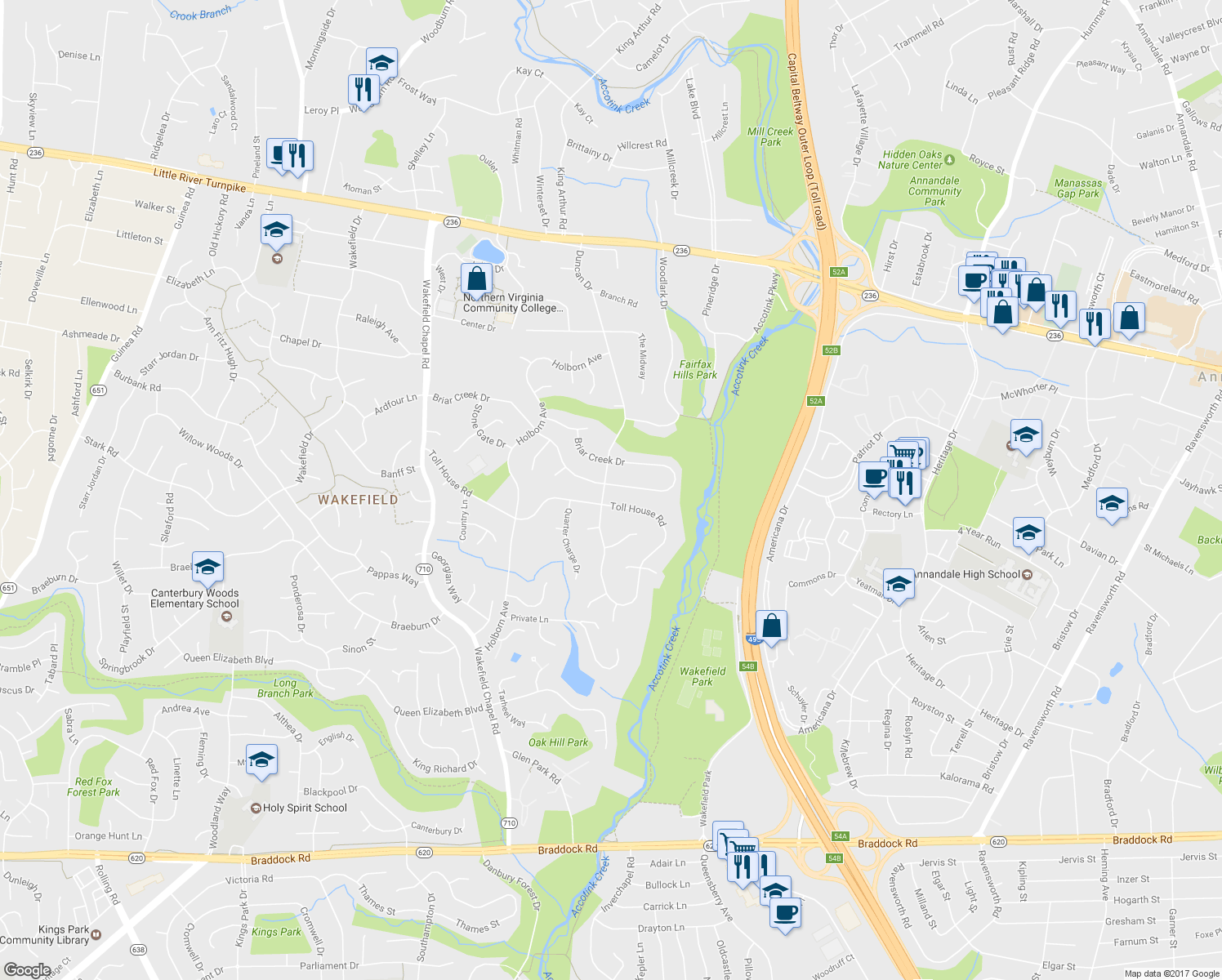 map of restaurants, bars, coffee shops, grocery stores, and more near 4501 Duncan Drive in Annandale