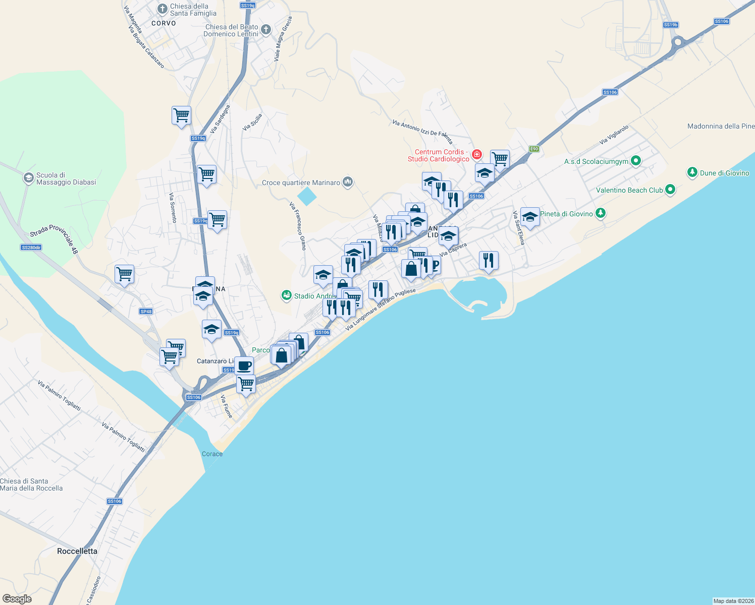 map of restaurants, bars, coffee shops, grocery stores, and more near 15 Via Vespucci Amerigo in Catanzaro