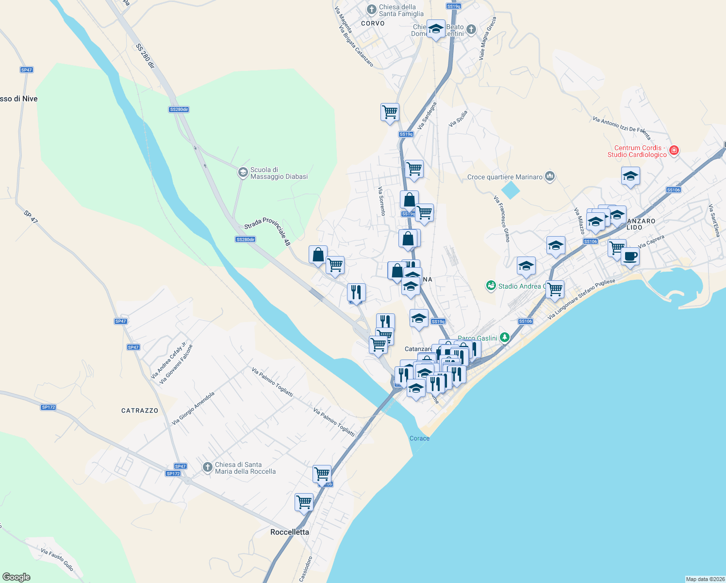 map of restaurants, bars, coffee shops, grocery stores, and more near 2 Via Michele Maria Manfredi in Provincia di Catanzaro