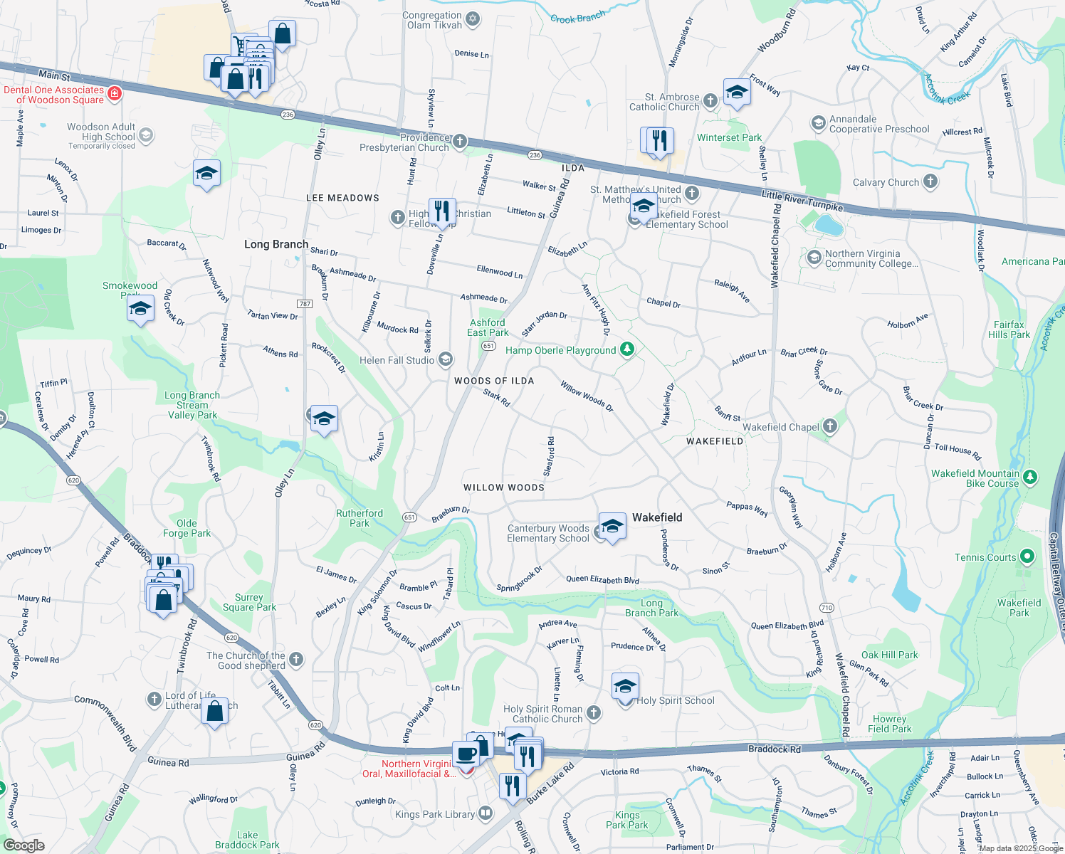 map of restaurants, bars, coffee shops, grocery stores, and more near 8929 Stark Road in Annandale