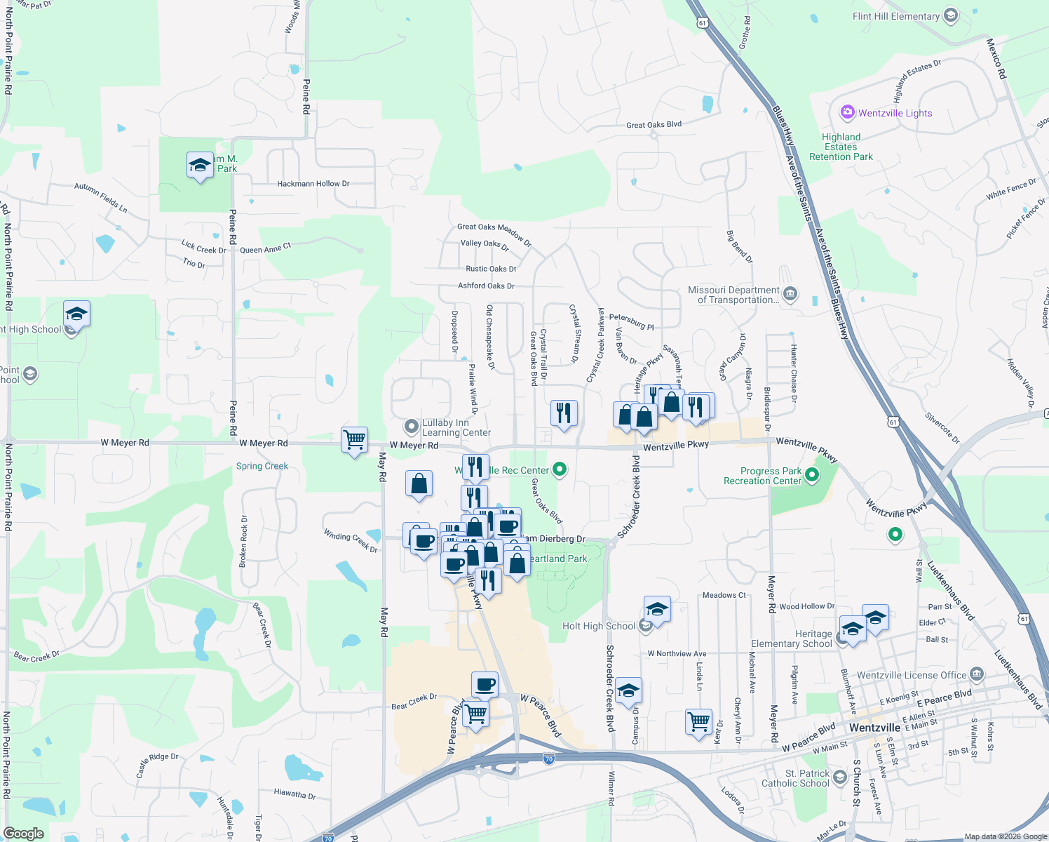 map of restaurants, bars, coffee shops, grocery stores, and more near 35 Raleigh Ct in Wentzville