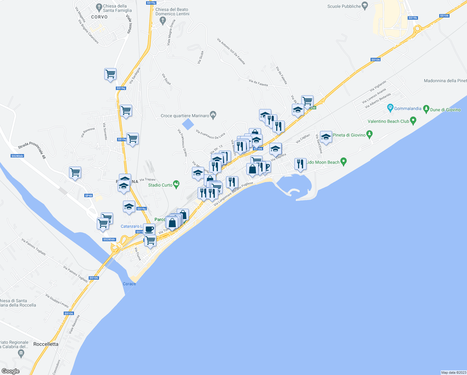 map of restaurants, bars, coffee shops, grocery stores, and more near 15 Via Amerigo Vespucci in Catanzaro