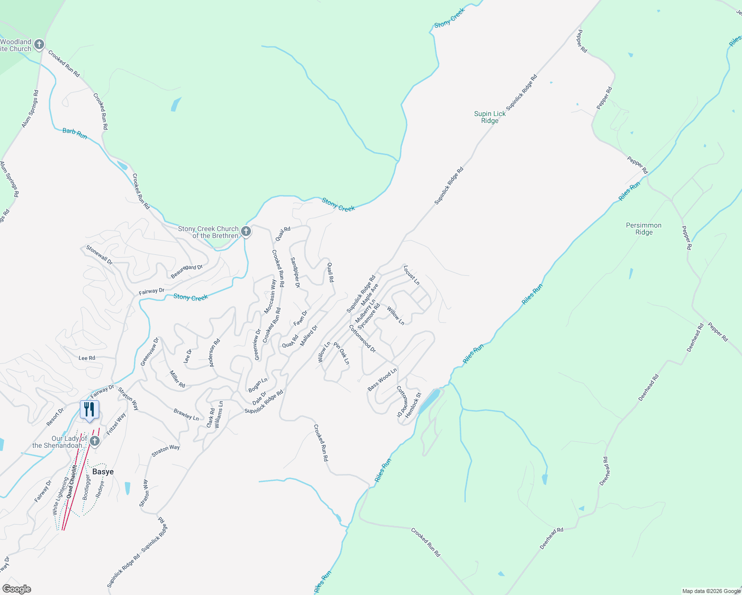 map of restaurants, bars, coffee shops, grocery stores, and more near 100 Maple Avenue in Mount Jackson