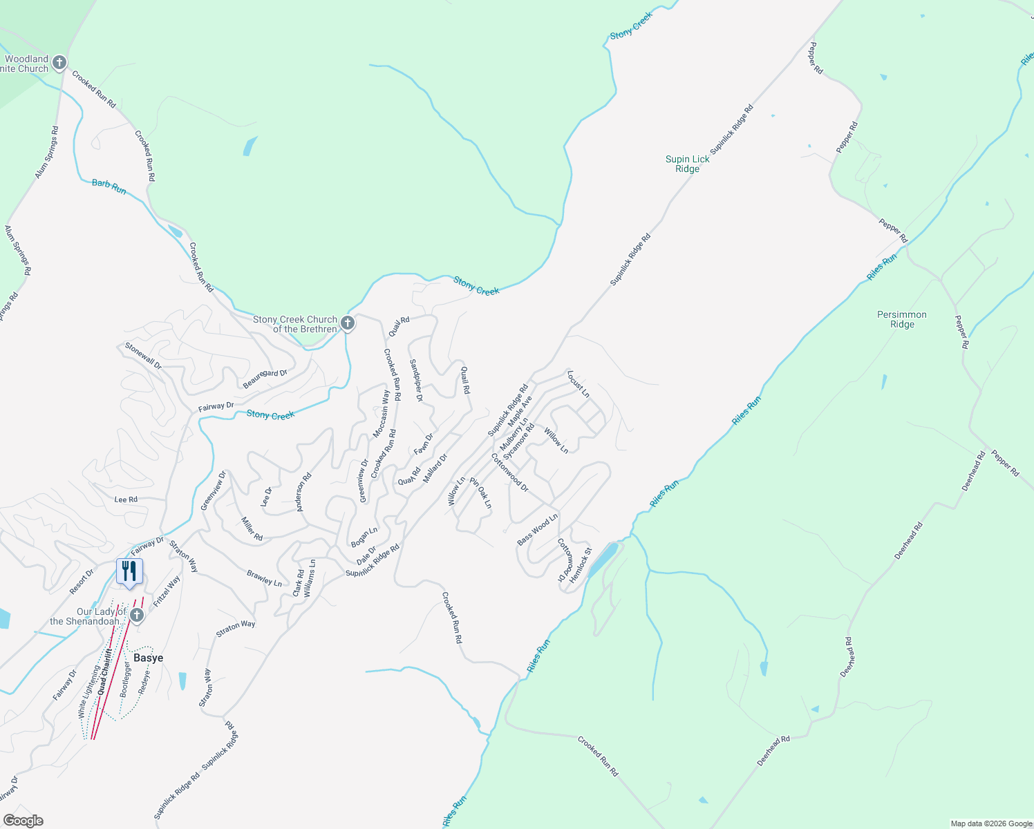 map of restaurants, bars, coffee shops, grocery stores, and more near 100 Maple Avenue in Mount Jackson