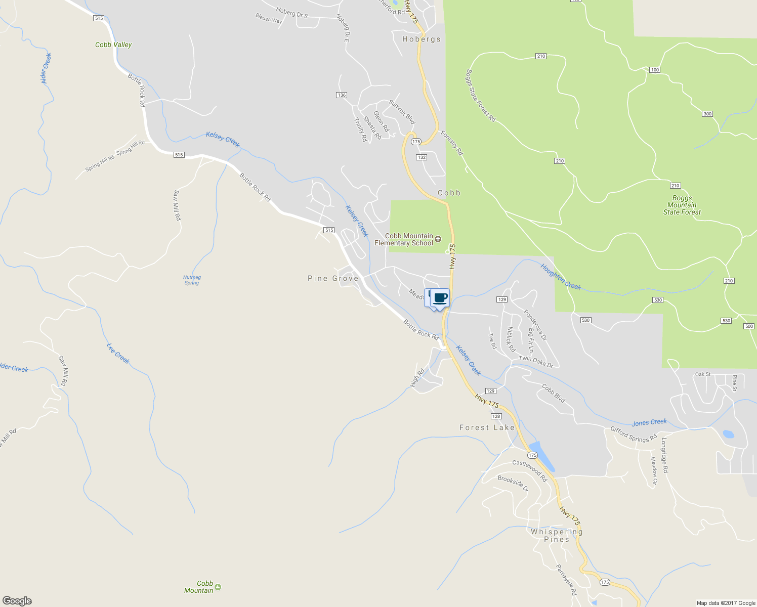 map of restaurants, bars, coffee shops, grocery stores, and more near 16231 Bottle Rock Road in Cobb