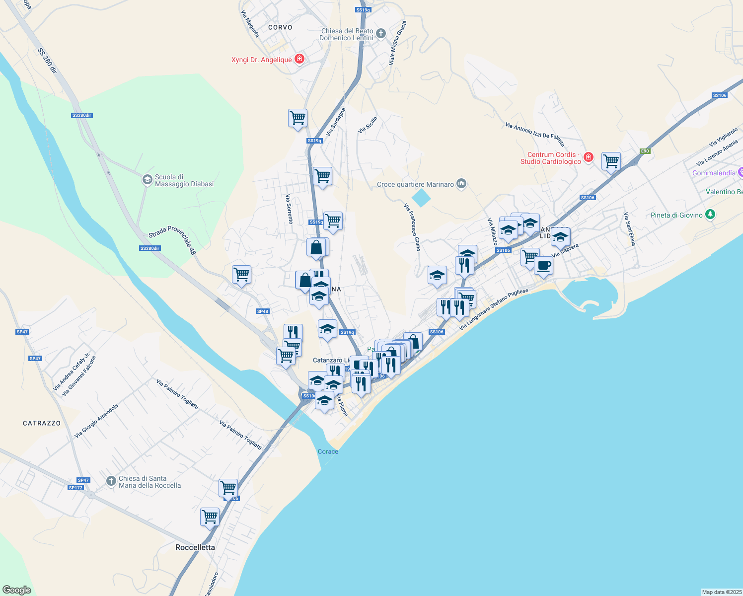 map of restaurants, bars, coffee shops, grocery stores, and more near 18 Traversa Via Trapani in Catanzaro