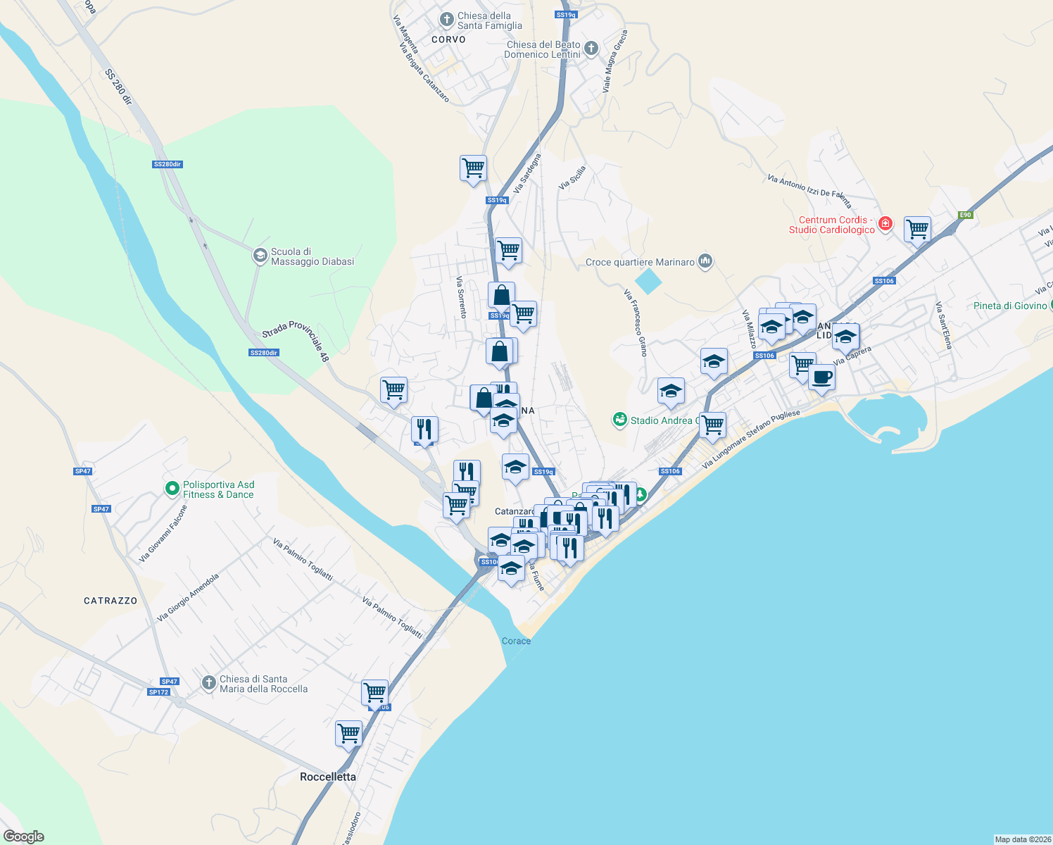 map of restaurants, bars, coffee shops, grocery stores, and more near 65 Via Nazionale in Catanzaro