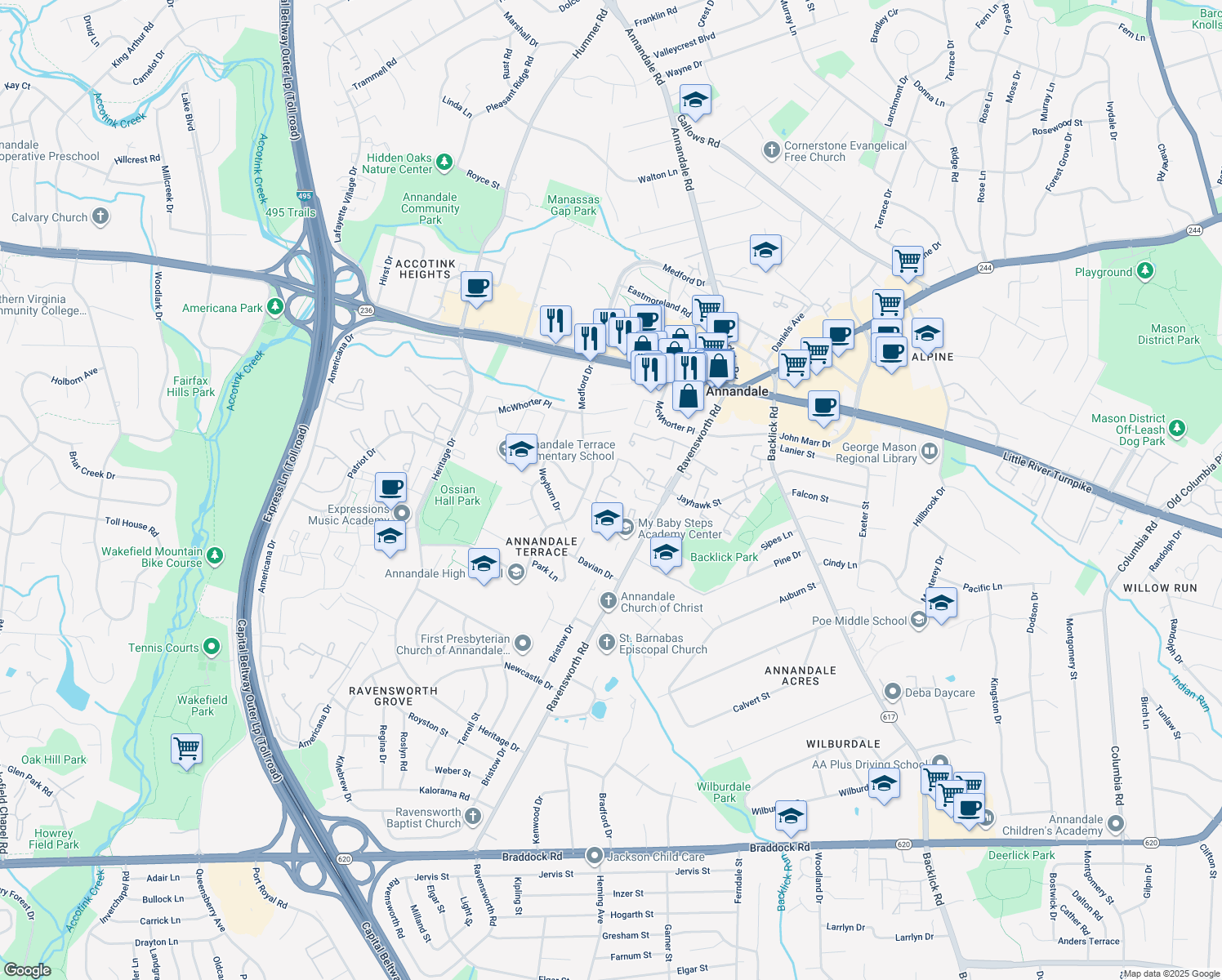 map of restaurants, bars, coffee shops, grocery stores, and more near 7468 Zanuck Court in Annandale