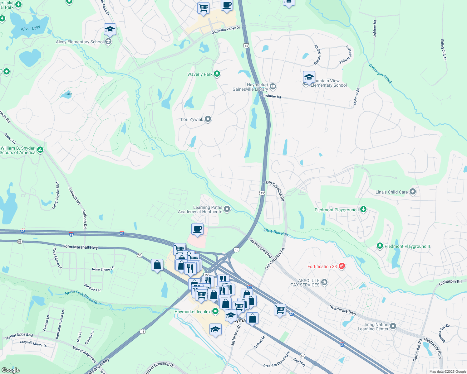 map of restaurants, bars, coffee shops, grocery stores, and more near 5973 Spout Spring Court in Haymarket