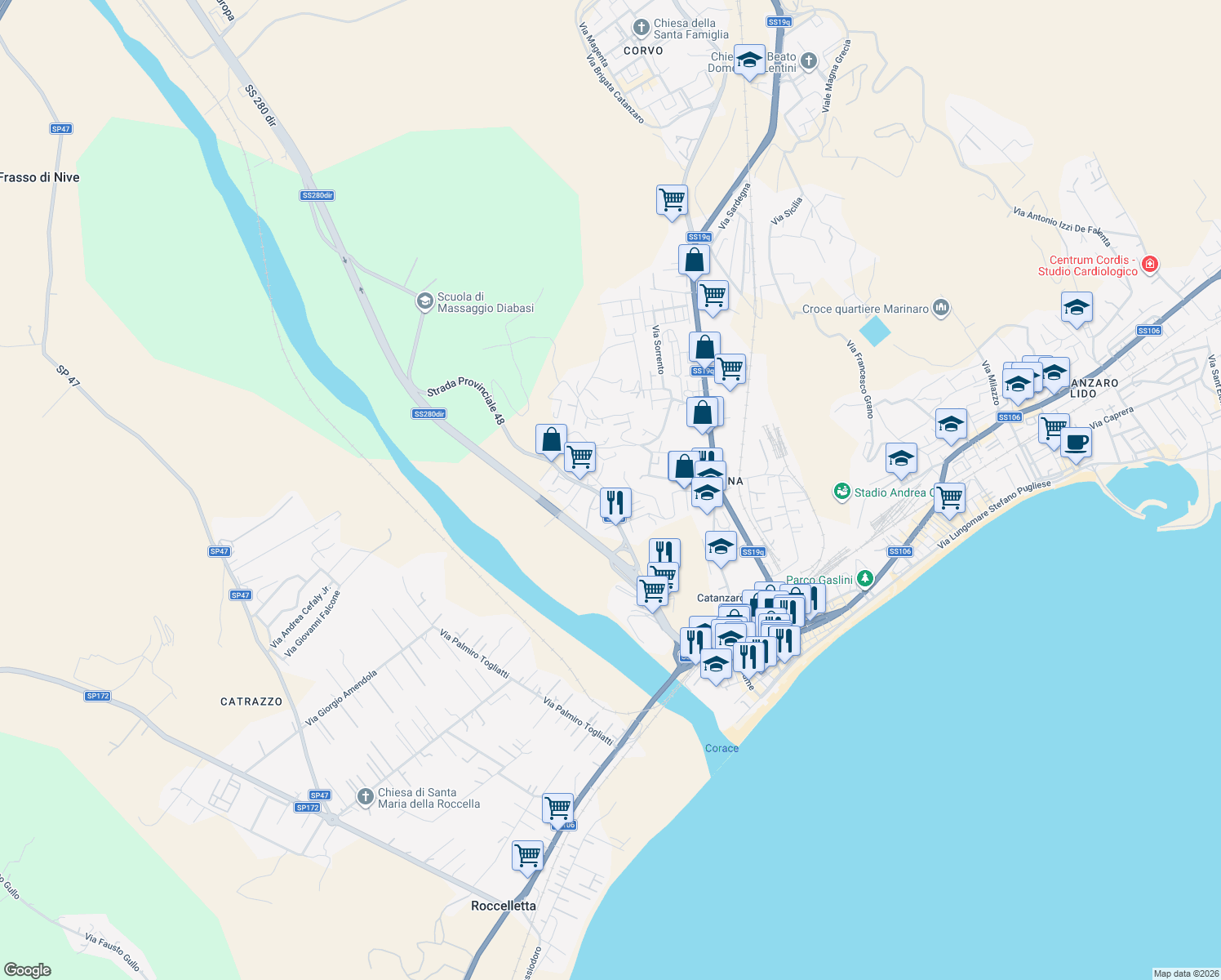 map of restaurants, bars, coffee shops, grocery stores, and more near Viale Europa in Catanzaro