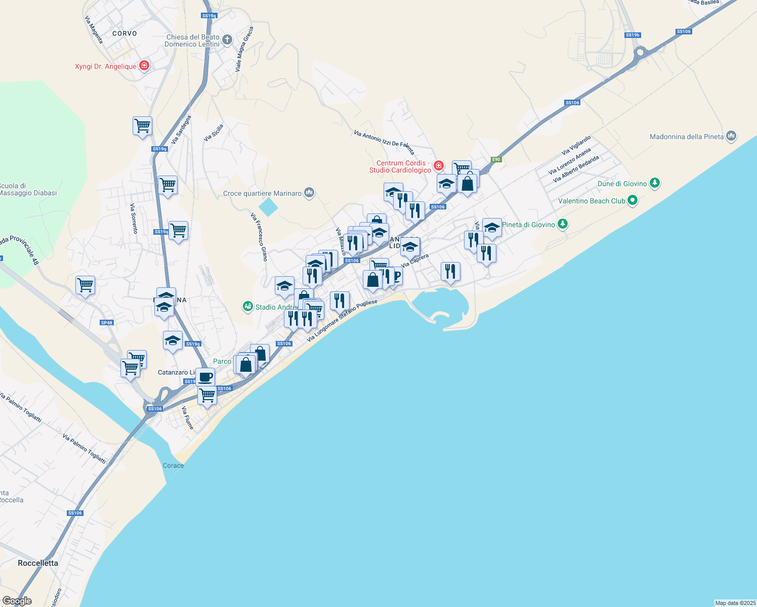map of restaurants, bars, coffee shops, grocery stores, and more near 315 Via Lungomare Stefano Pugliese in Catanzaro