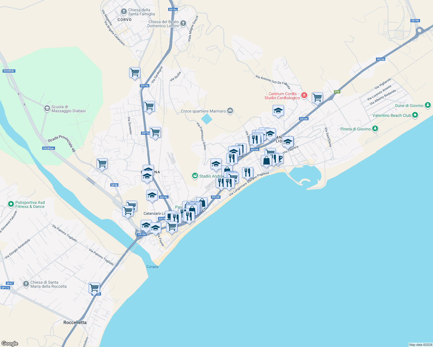 map of restaurants, bars, coffee shops, grocery stores, and more near Via Melito Porto Salvo in Catanzaro