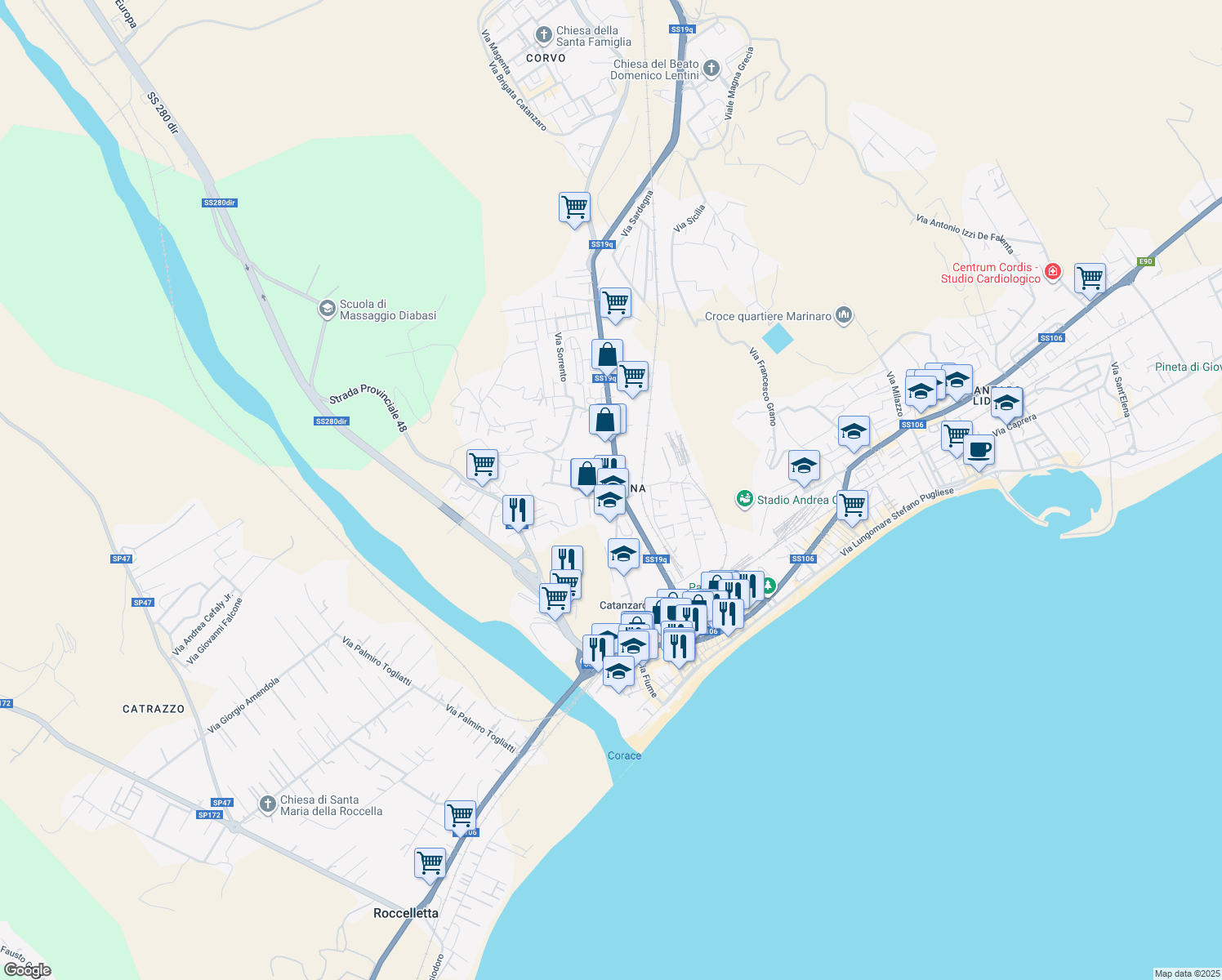 map of restaurants, bars, coffee shops, grocery stores, and more near 314 Via Cattaneo Carlo in Catanzaro