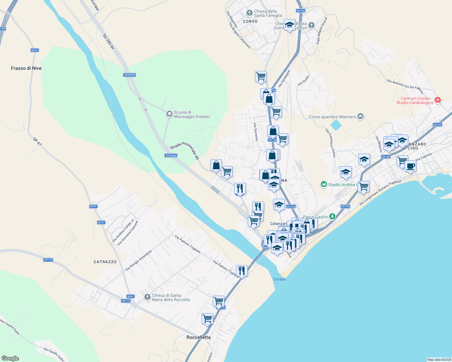 map of restaurants, bars, coffee shops, grocery stores, and more near 36 Viale Europa in Catanzaro