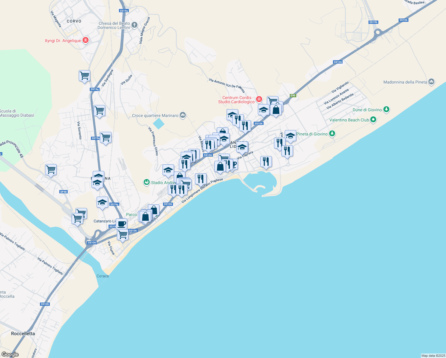 map of restaurants, bars, coffee shops, grocery stores, and more near 315 Via Lungomare Stefano Pugliese in Catanzaro