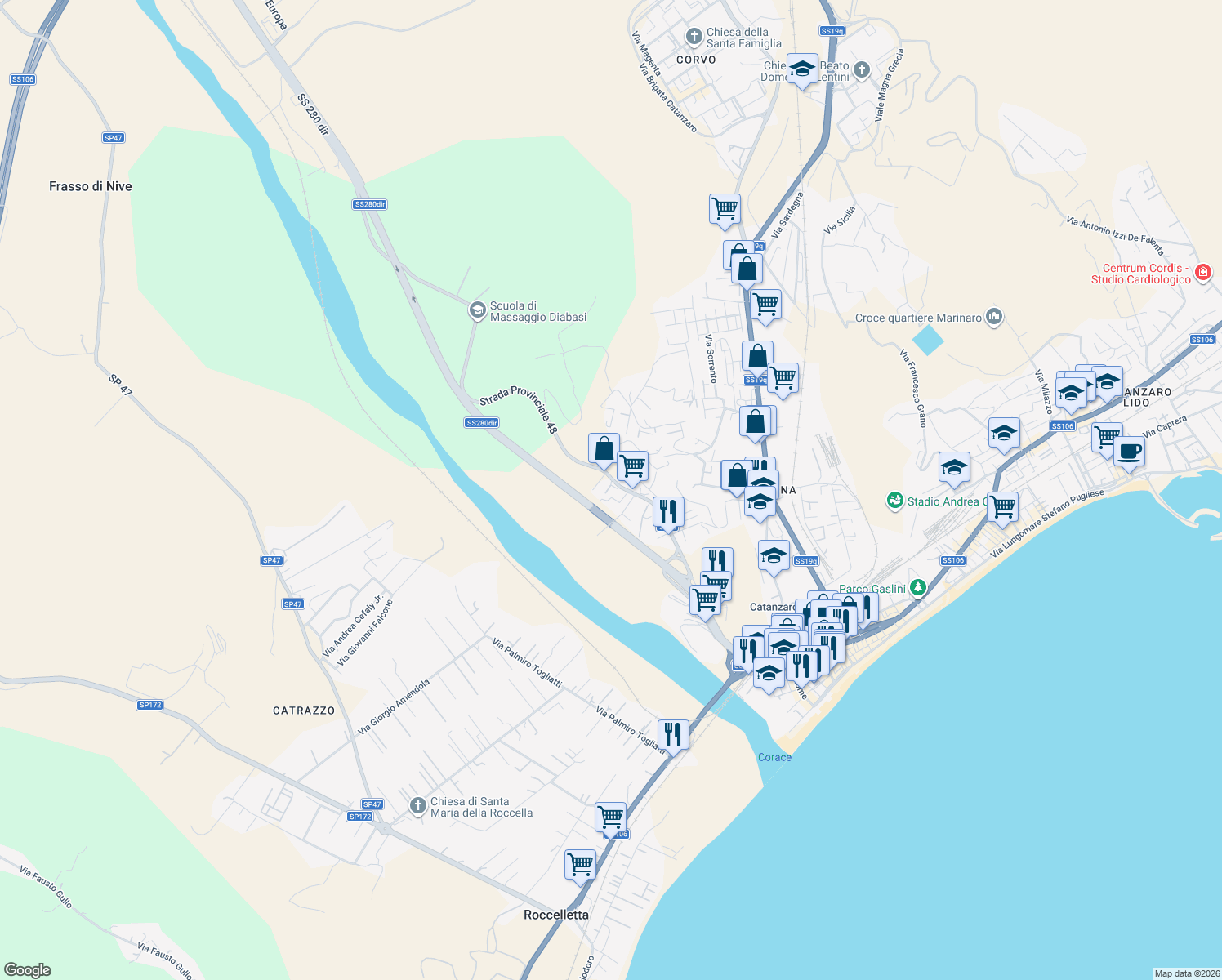map of restaurants, bars, coffee shops, grocery stores, and more near 36 Viale Europa in Catanzaro