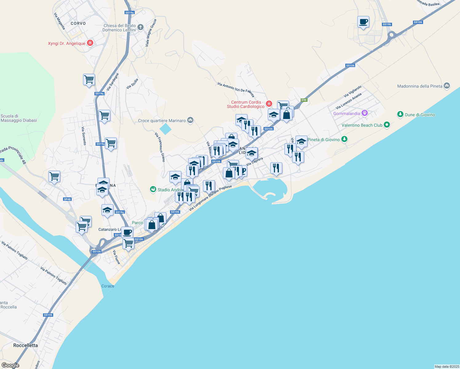 map of restaurants, bars, coffee shops, grocery stores, and more near 295 Via Lungomare Stefano Pugliese in Catanzaro