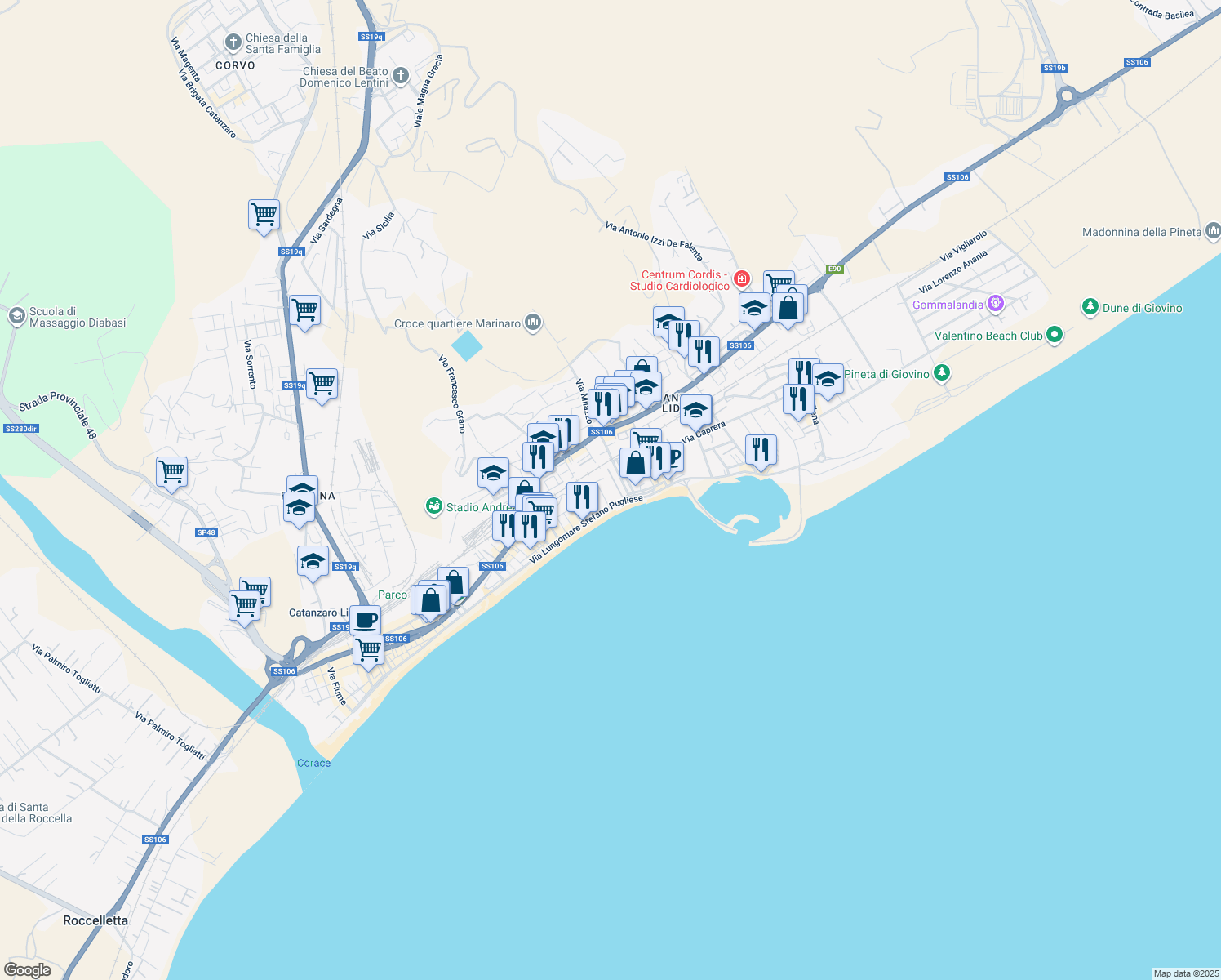 map of restaurants, bars, coffee shops, grocery stores, and more near 6 Via Ferdinando Magellano in Catanzaro