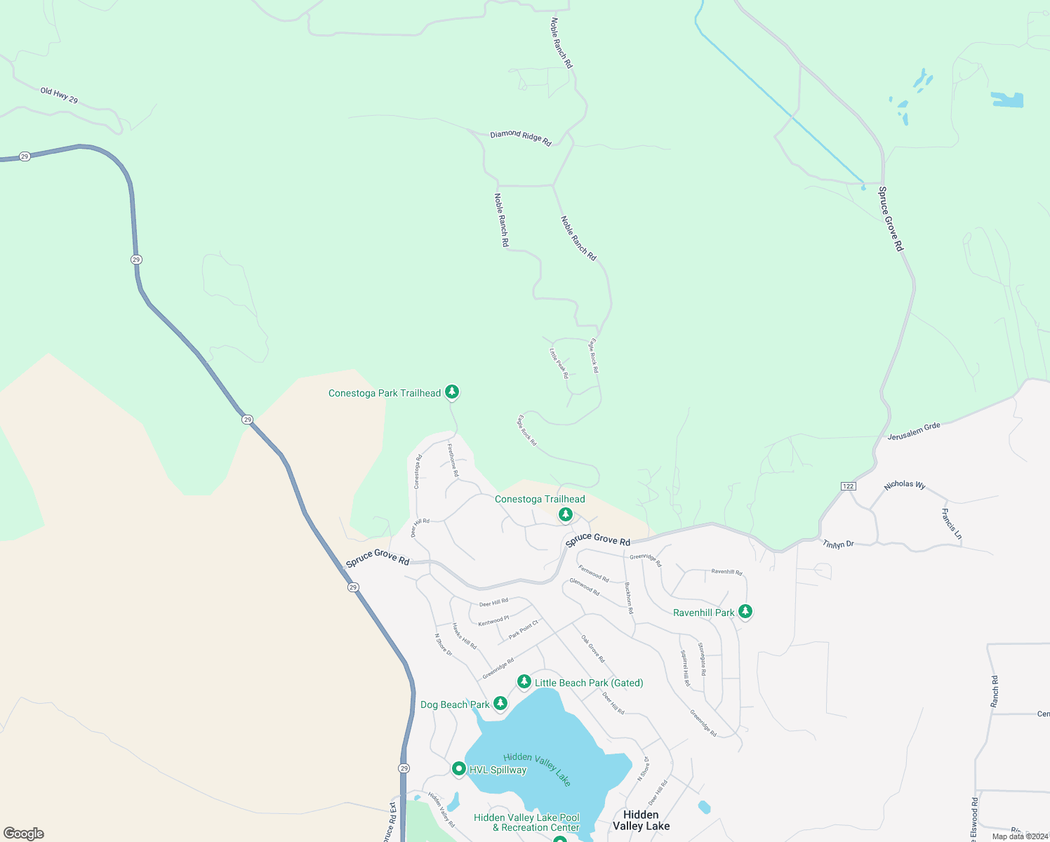 map of restaurants, bars, coffee shops, grocery stores, and more near 16144 Eagle Rock Road in Hidden Valley Lake