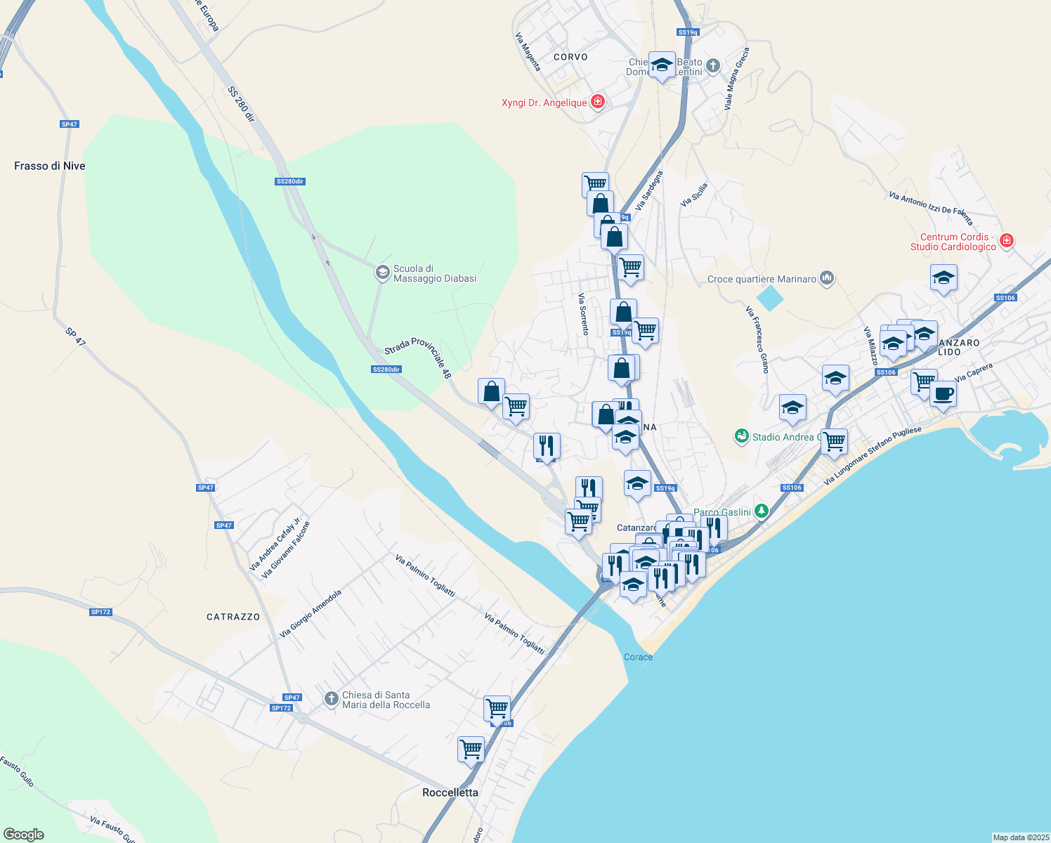 map of restaurants, bars, coffee shops, grocery stores, and more near 7 Viale Enrico Molè in Catanzaro