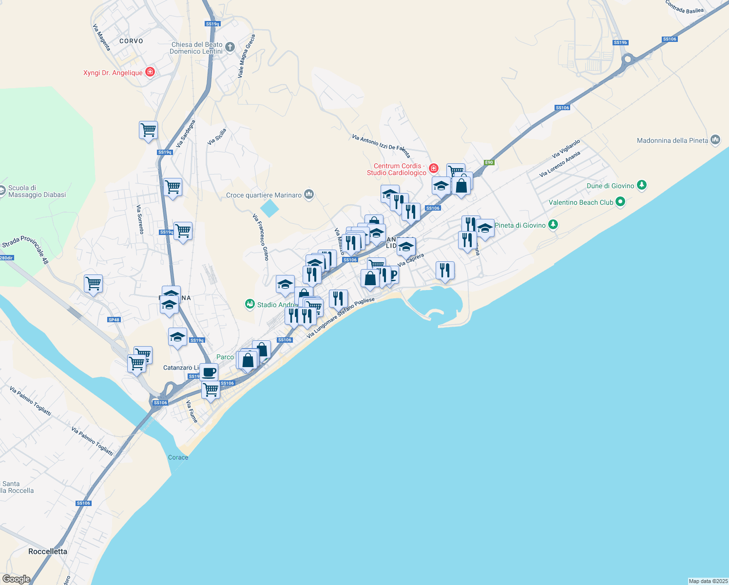 map of restaurants, bars, coffee shops, grocery stores, and more near 6 Via Ferdinando Magellano in Catanzaro