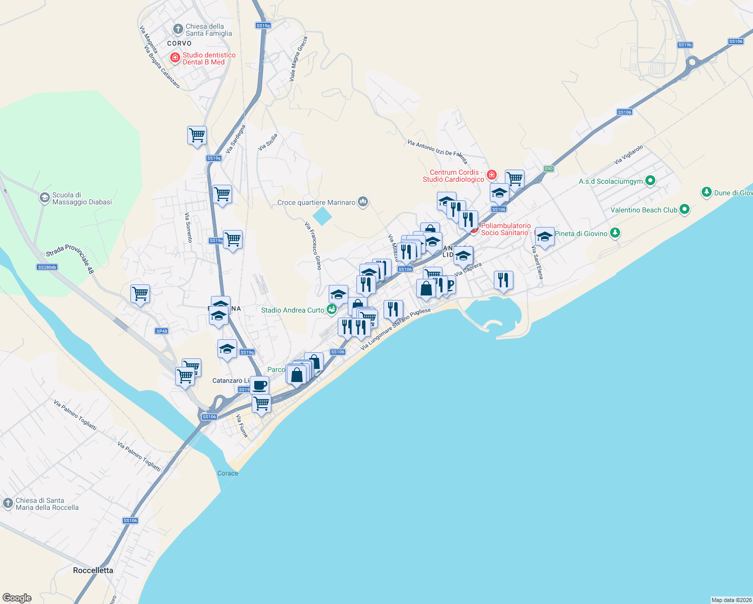 map of restaurants, bars, coffee shops, grocery stores, and more near 10 Via Livorno in Catanzaro
