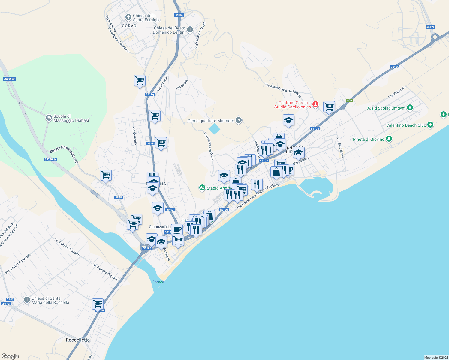 map of restaurants, bars, coffee shops, grocery stores, and more near 14 Via Francesco Grano in Catanzaro
