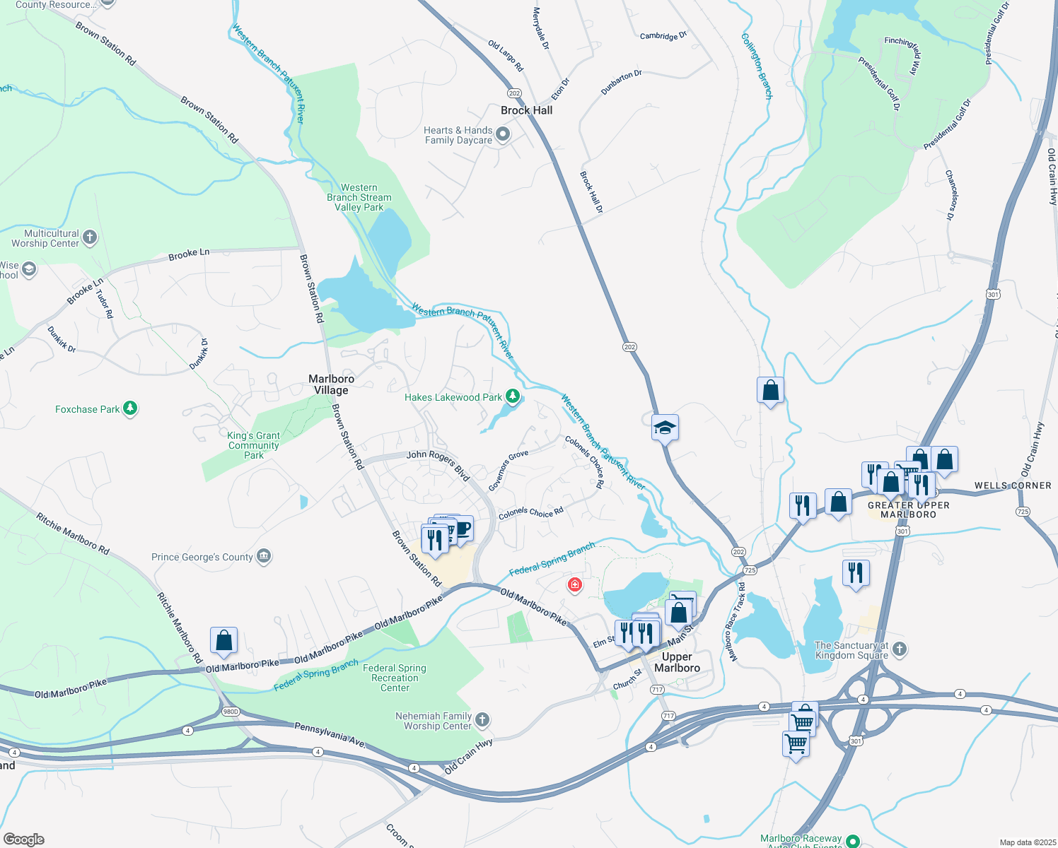 map of restaurants, bars, coffee shops, grocery stores, and more near 4603 Governor Kent Court in Upper Marlboro