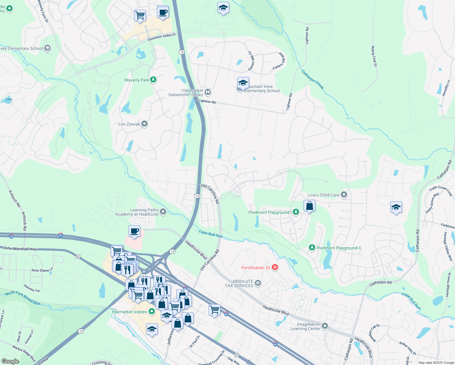 map of restaurants, bars, coffee shops, grocery stores, and more near 14851 Tyler Mill Court in Haymarket