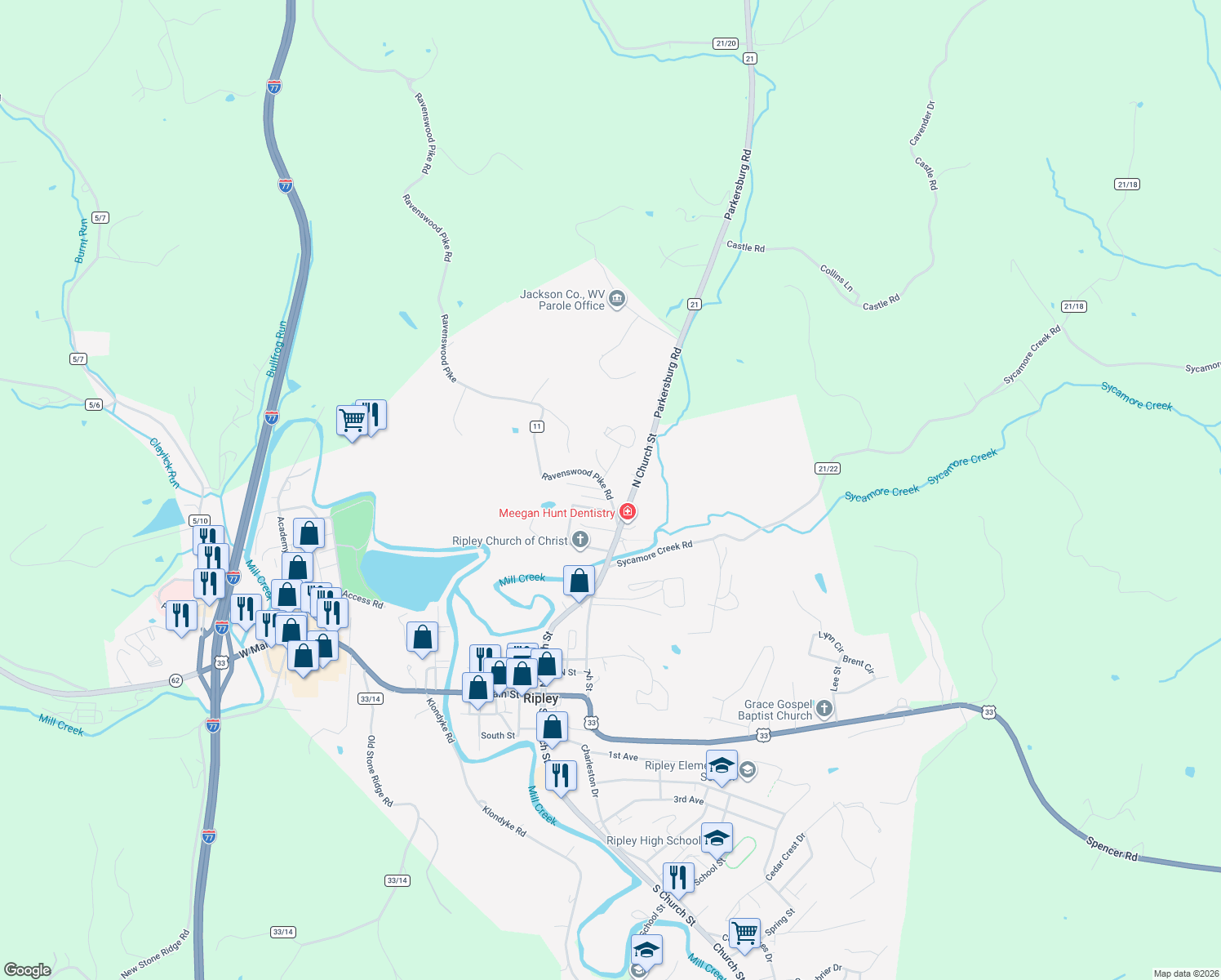 map of restaurants, bars, coffee shops, grocery stores, and more near 119 Ravenswood Pike in Ripley