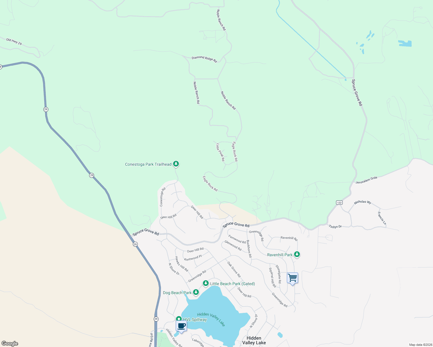 map of restaurants, bars, coffee shops, grocery stores, and more near 18538 Sentinel Court in Hidden Valley Lake