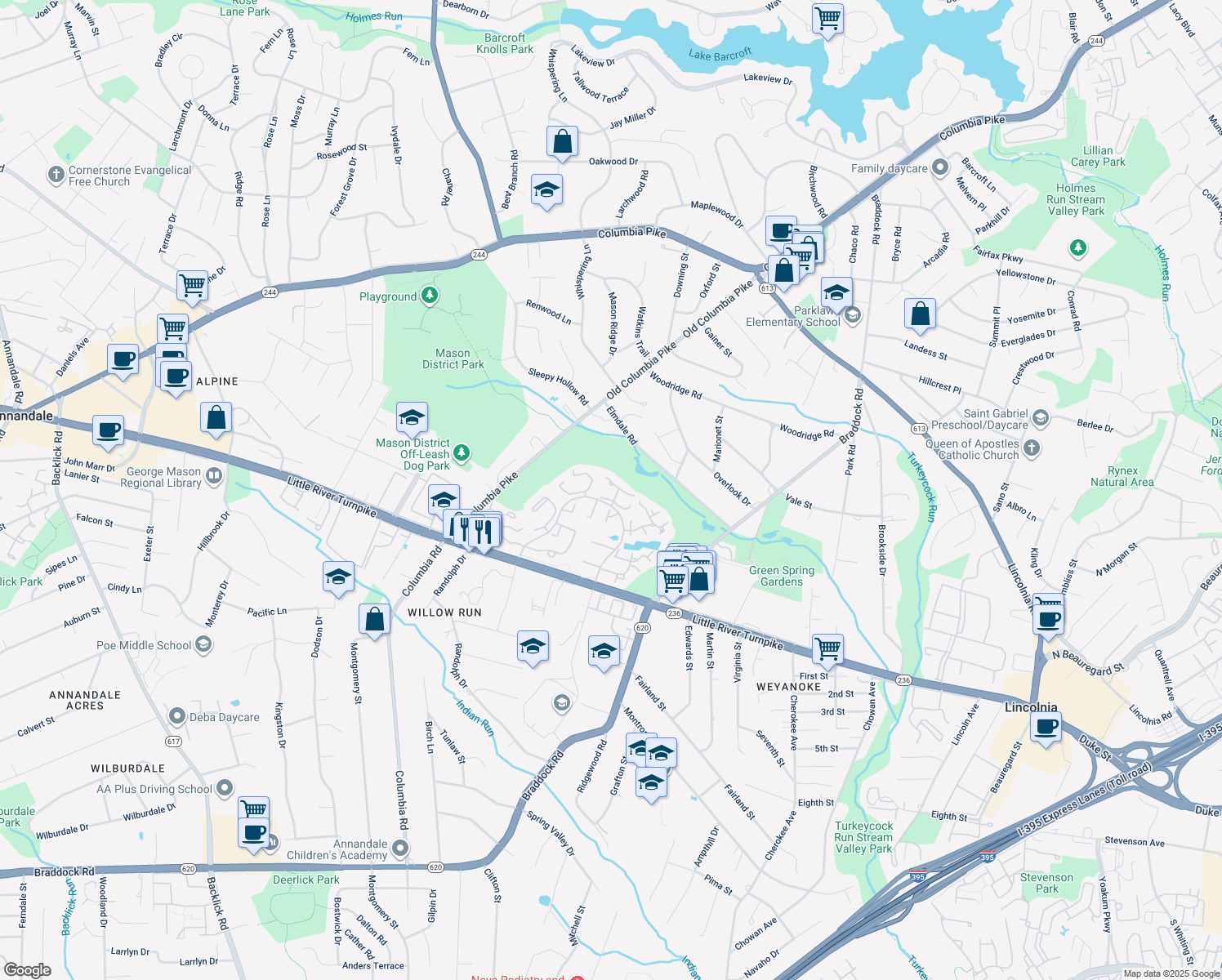 map of restaurants, bars, coffee shops, grocery stores, and more near 4568 Shetland Green Road in Alexandria