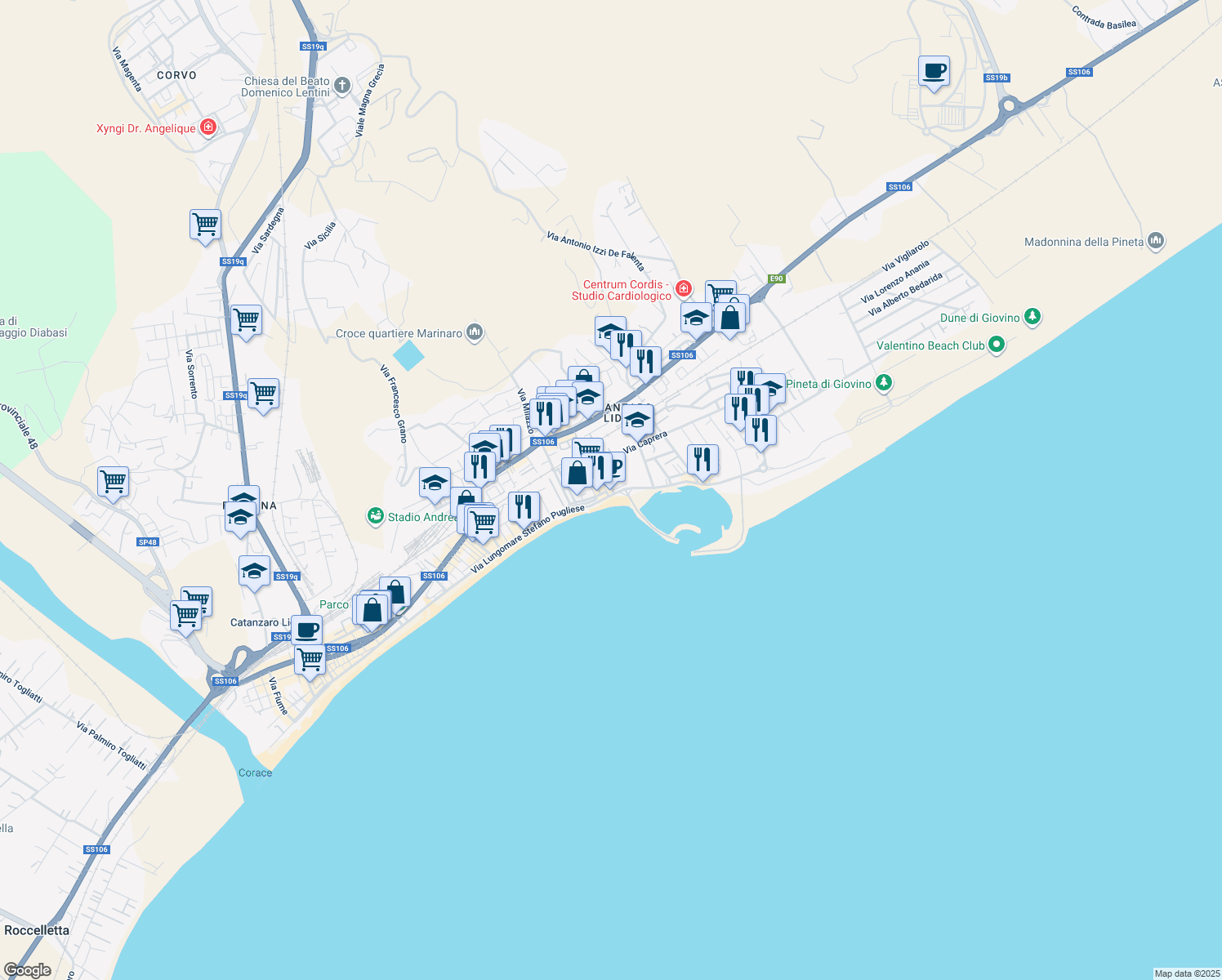 map of restaurants, bars, coffee shops, grocery stores, and more near Via Lungomare Stefano Pugliese in Catanzaro