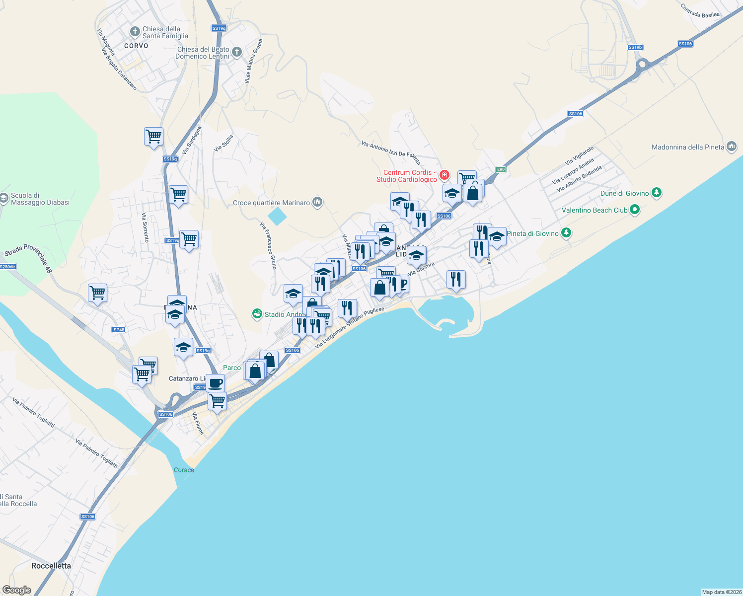 map of restaurants, bars, coffee shops, grocery stores, and more near 6 Via Ferdinando Magellano in Catanzaro