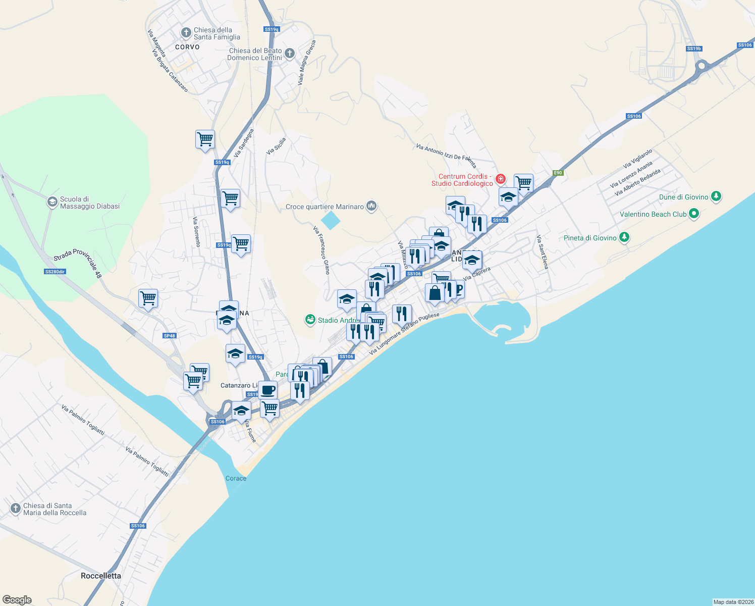map of restaurants, bars, coffee shops, grocery stores, and more near Via Melito Porto Salvo in Catanzaro