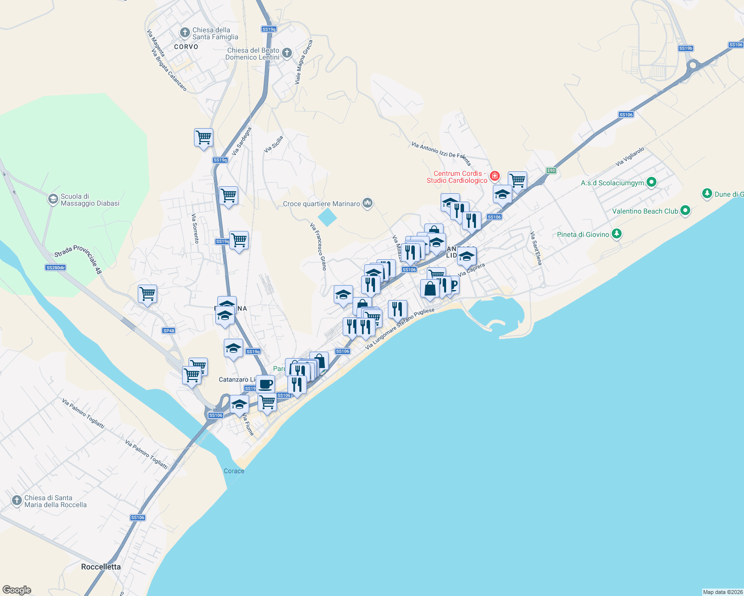 map of restaurants, bars, coffee shops, grocery stores, and more near Via Melito Porto Salvo in Catanzaro