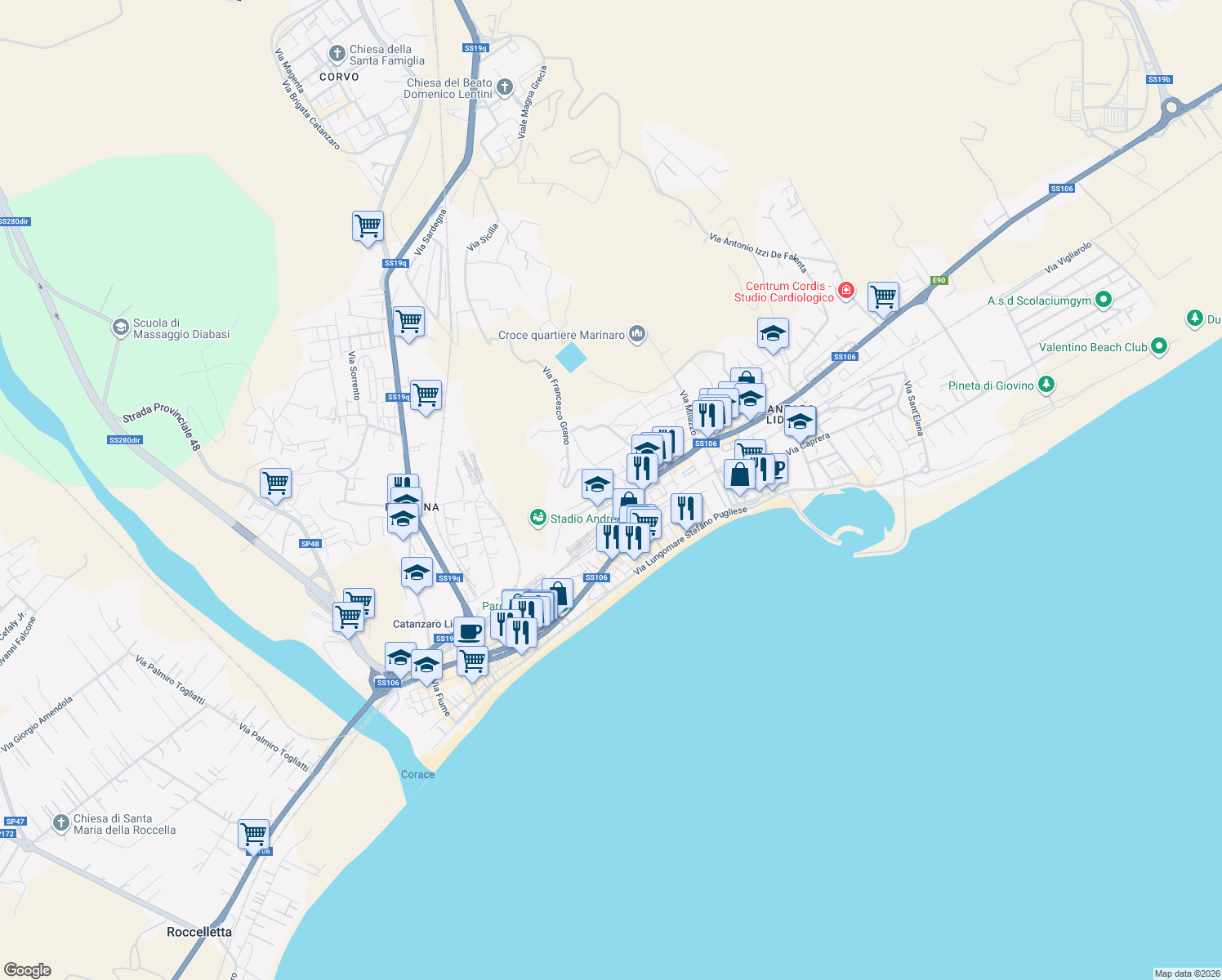 map of restaurants, bars, coffee shops, grocery stores, and more near 14 Via Francesco Grano in Catanzaro