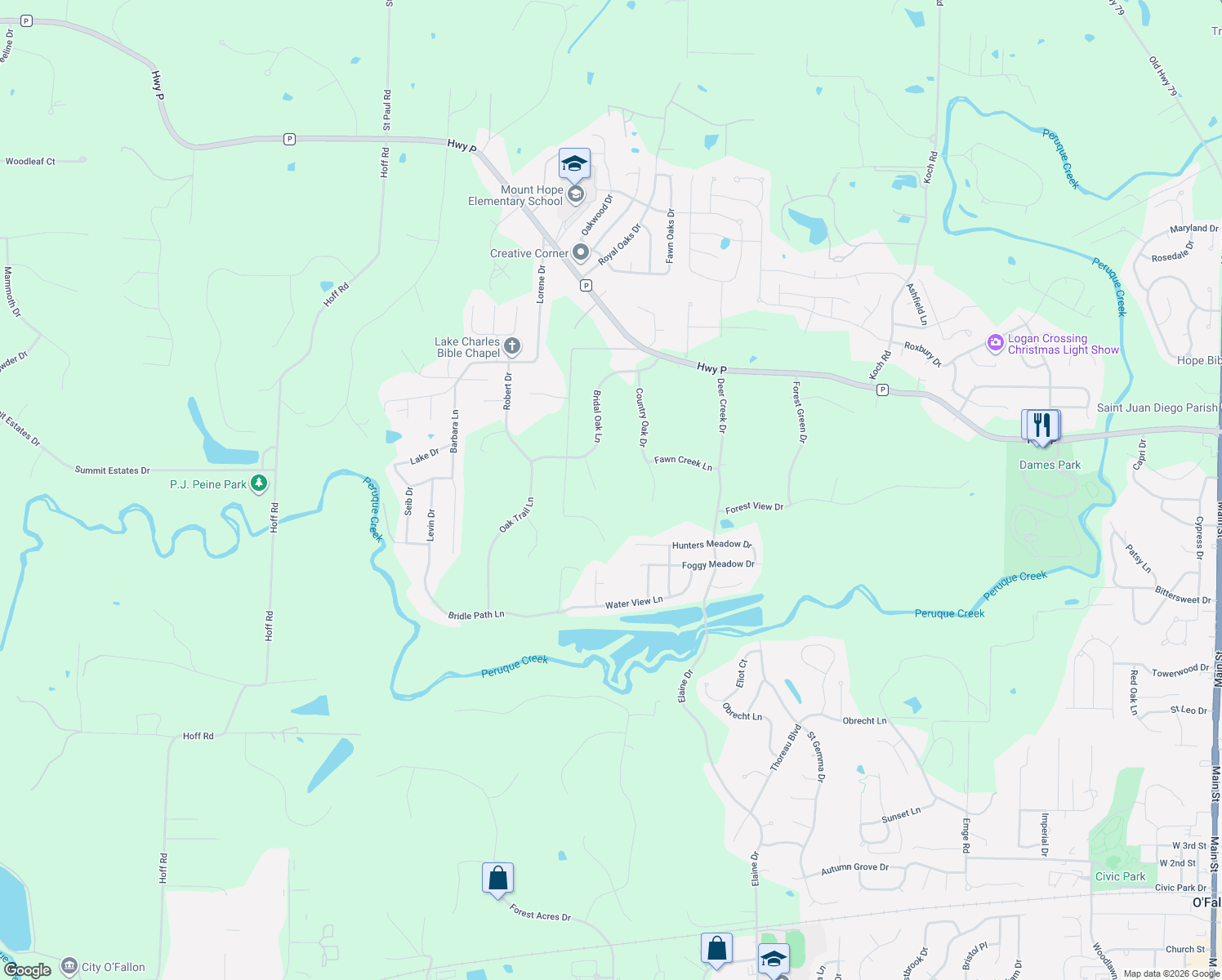 map of restaurants, bars, coffee shops, grocery stores, and more near 4 Bridal Oak Court in O'Fallon