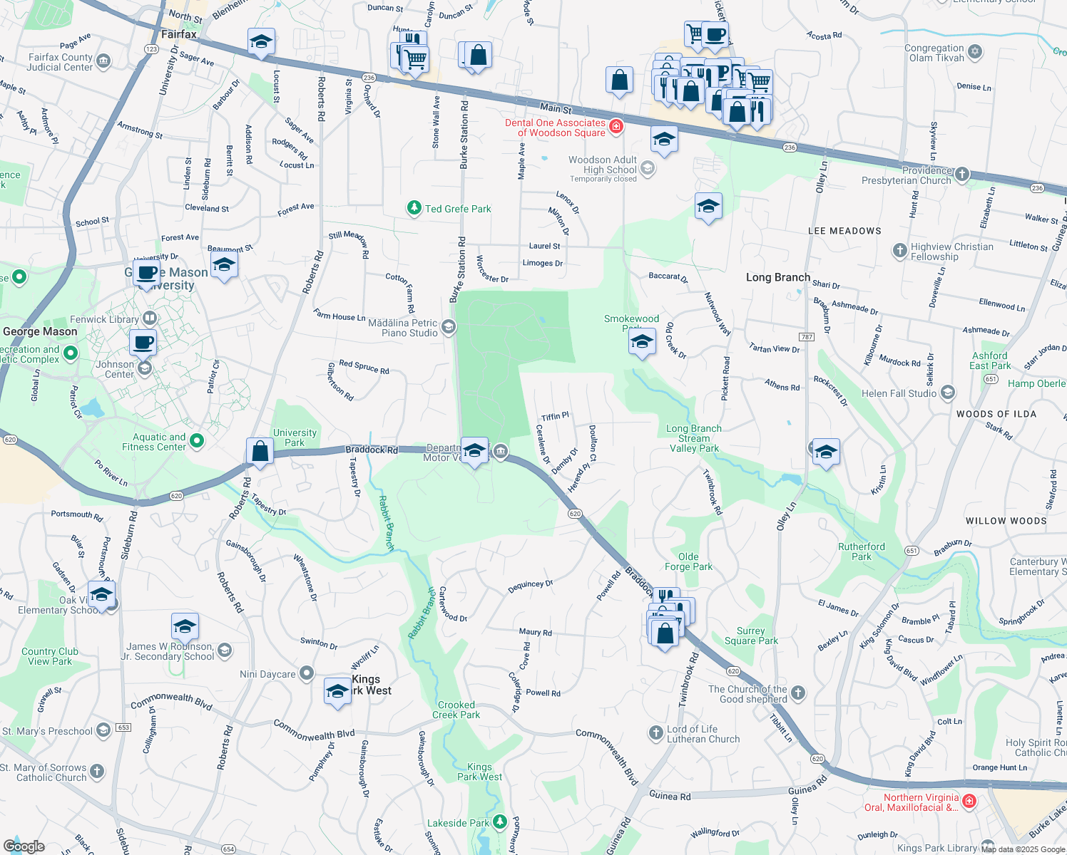map of restaurants, bars, coffee shops, grocery stores, and more near 9719 Ceralene Drive in Fairfax