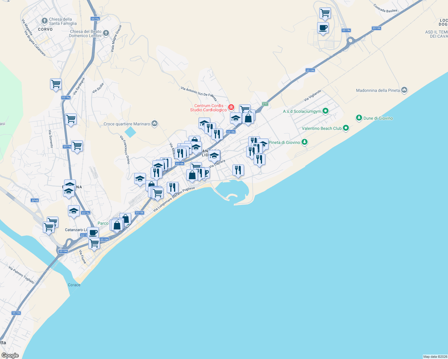 map of restaurants, bars, coffee shops, grocery stores, and more near 56 Via Lungomare Stefano Pugliese in Catanzaro