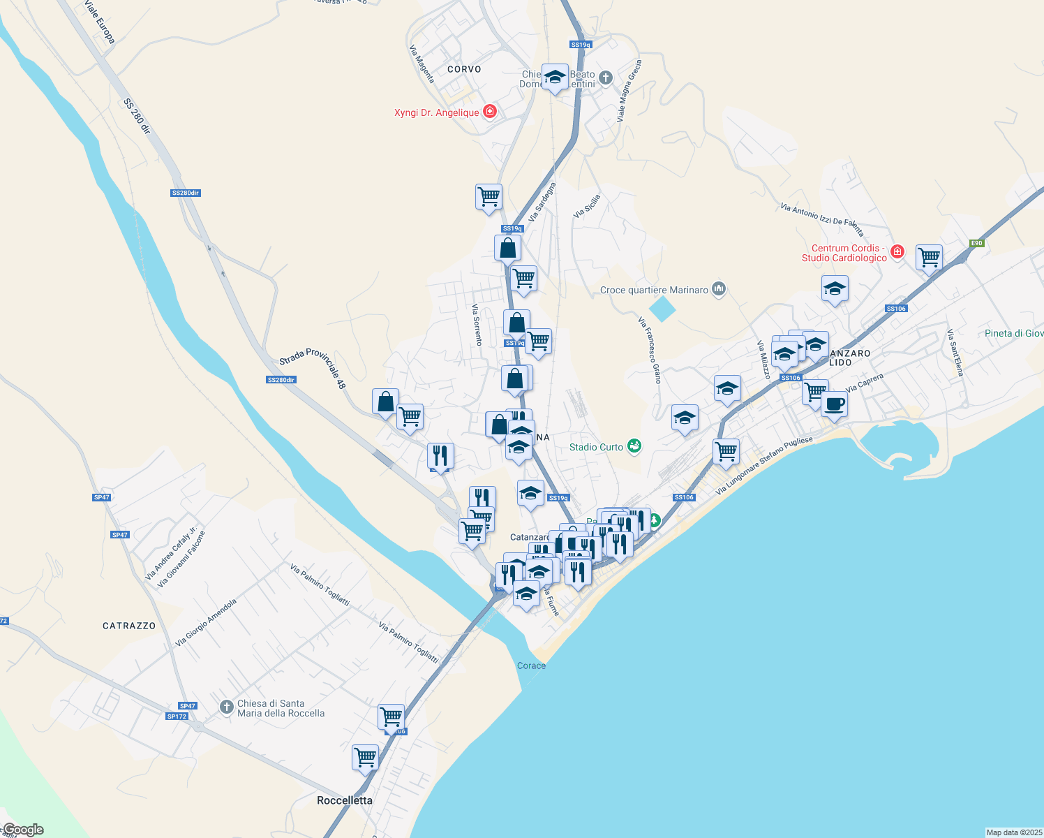 map of restaurants, bars, coffee shops, grocery stores, and more near 276 Viale Magna Grecia in Catanzaro