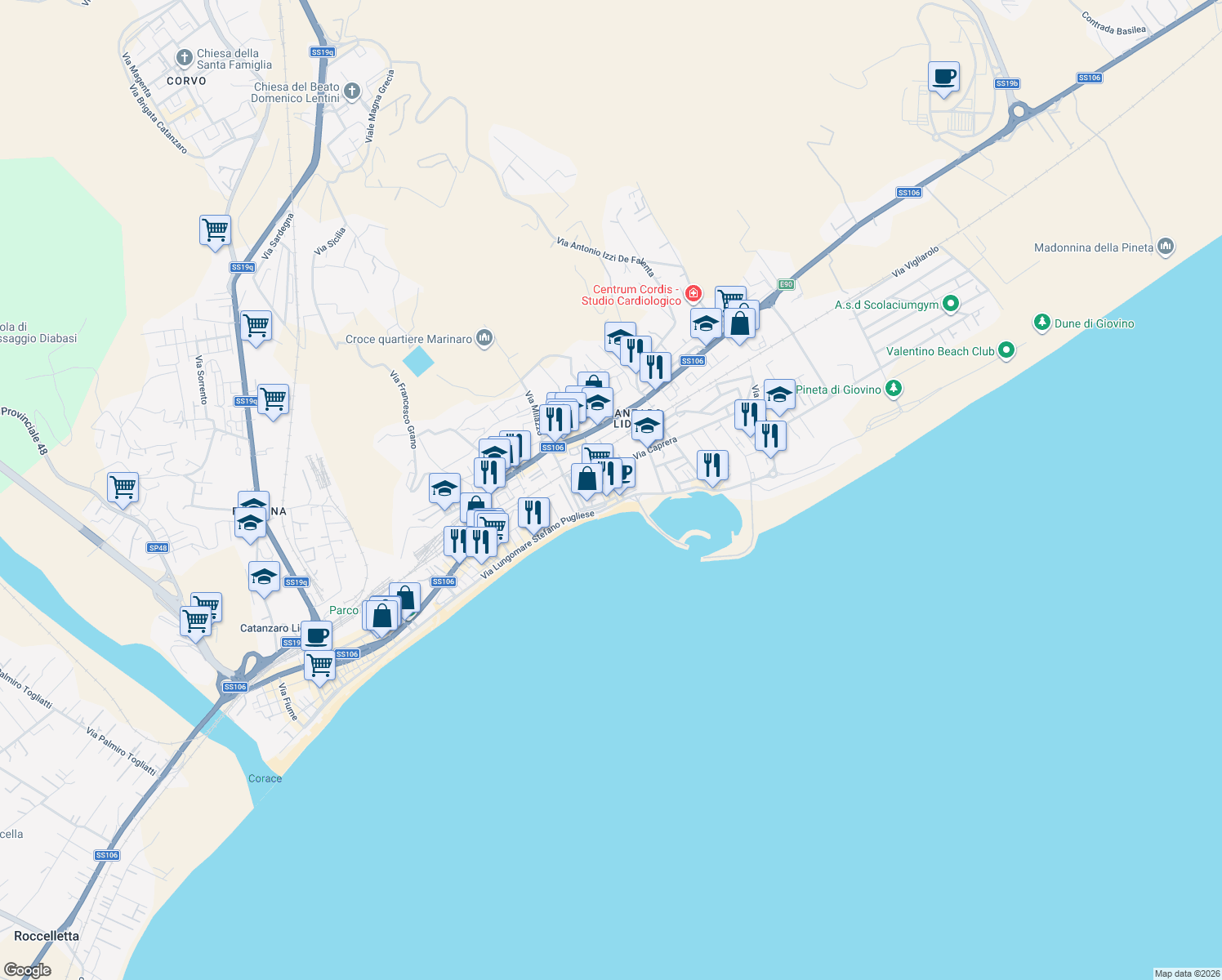 map of restaurants, bars, coffee shops, grocery stores, and more near 5 Via Niccoloso da Recco in Catanzaro