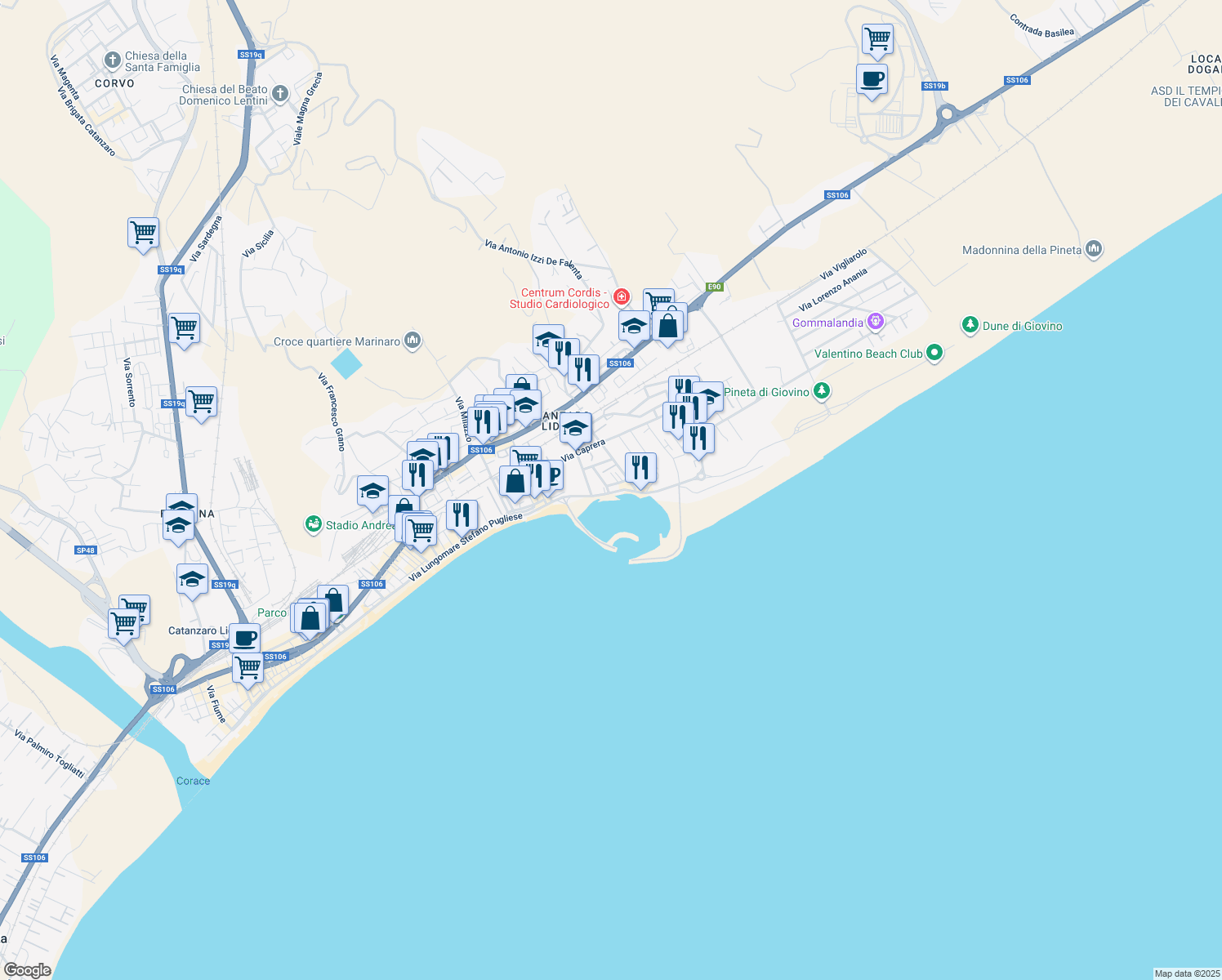 map of restaurants, bars, coffee shops, grocery stores, and more near 56 Via Lungomare Stefano Pugliese in Catanzaro