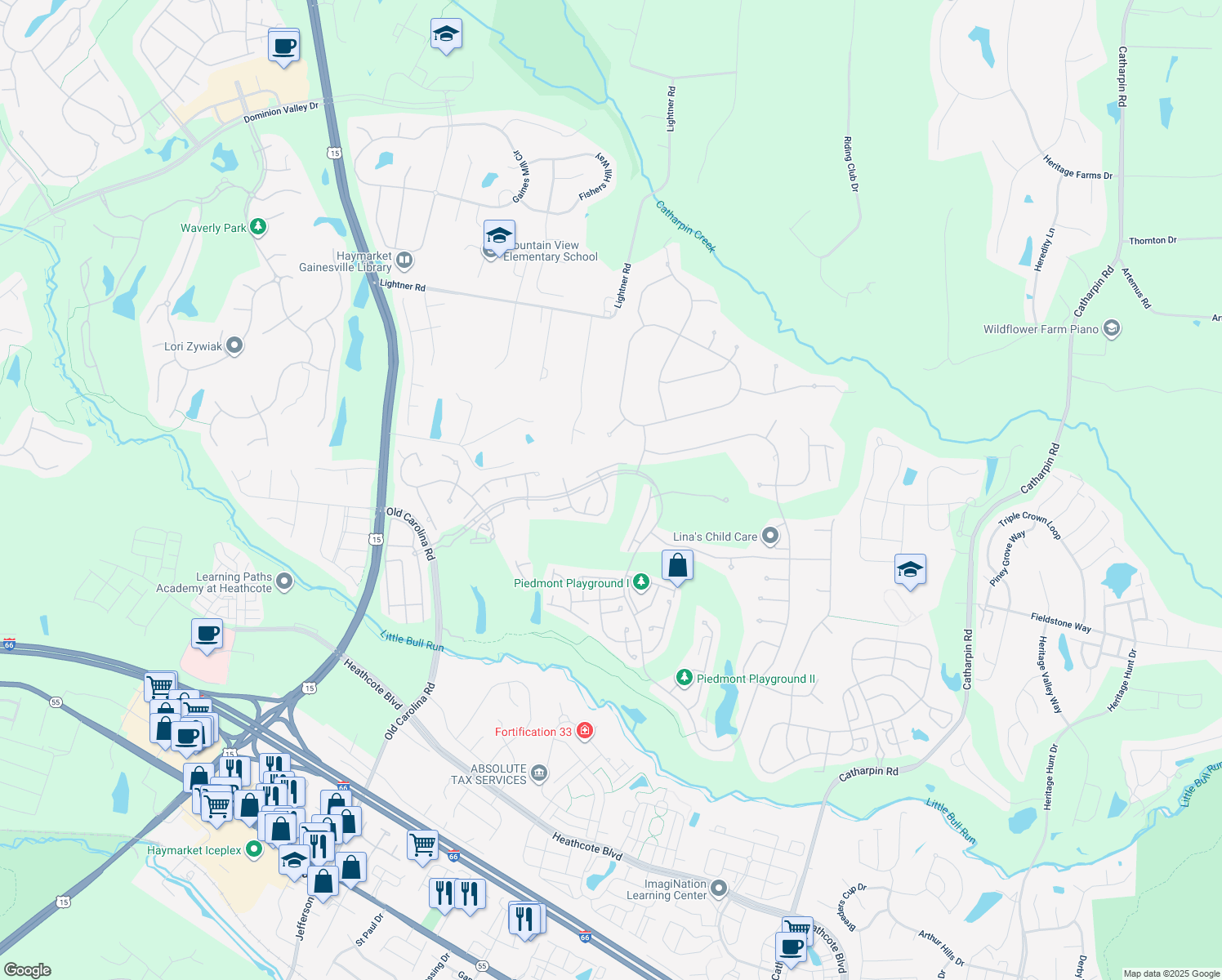 map of restaurants, bars, coffee shops, grocery stores, and more near 6074 Erinblair Loop in Haymarket