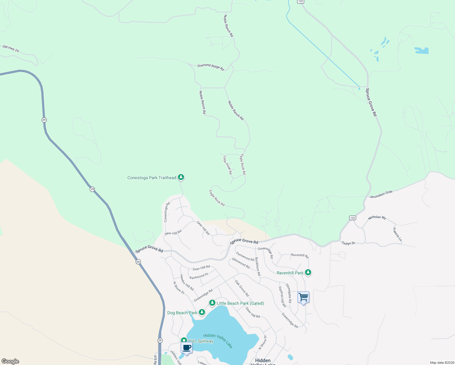 map of restaurants, bars, coffee shops, grocery stores, and more near 18538 Sentinel Court in Hidden Valley Lake