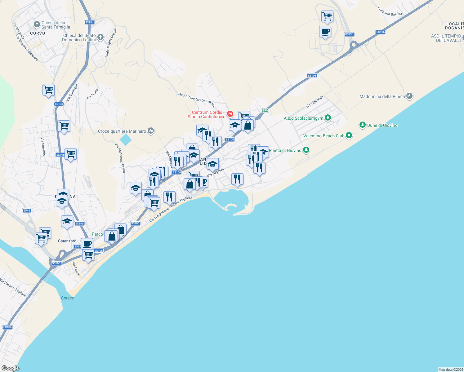 map of restaurants, bars, coffee shops, grocery stores, and more near 56 Via Lungomare in Catanzaro