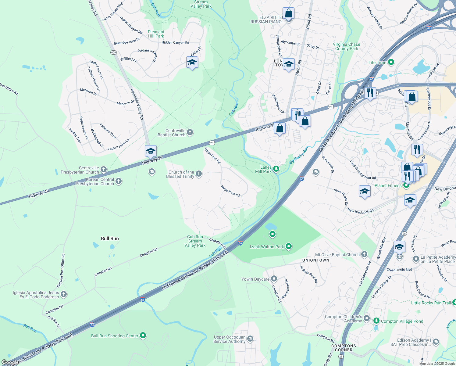 map of restaurants, bars, coffee shops, grocery stores, and more near 14983 Gold Post Court in Centreville